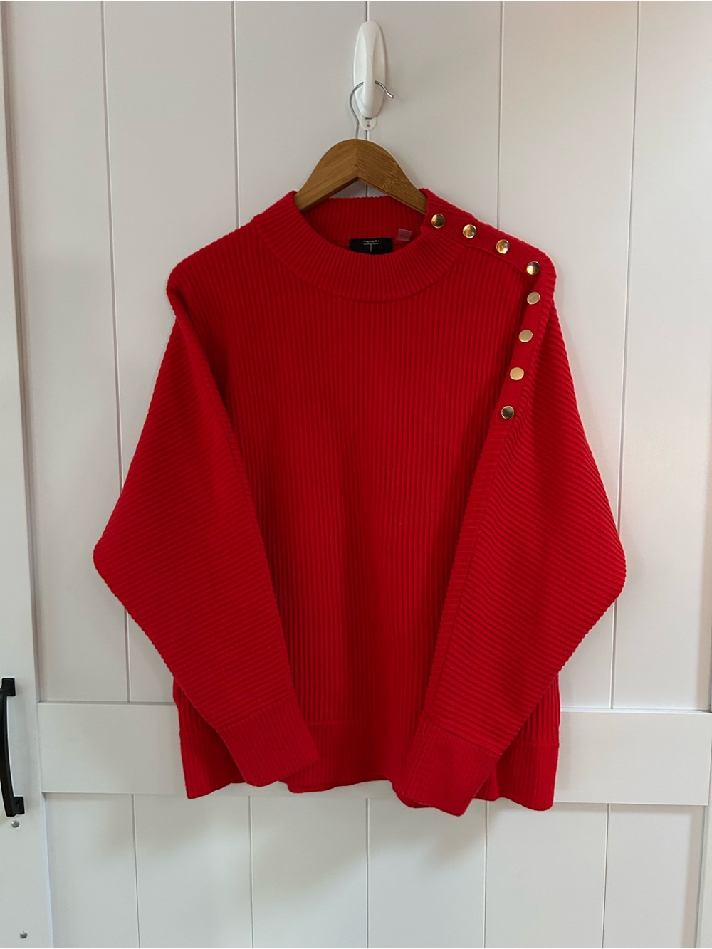 Tahari Red Ribbed Knit Sweater Gold Button Detail XL